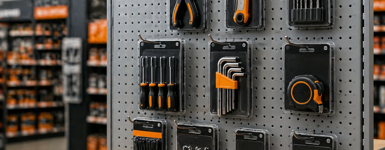 Retail store using display hooks to organise products clearly and efficiently