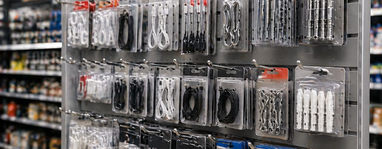 Retail display using euro hooks to present products clearly for easy comparison
