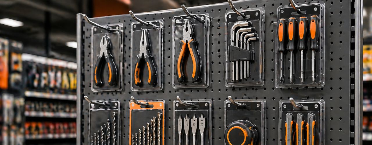 Retail display using shop display hooks to highlight products and improve visibility