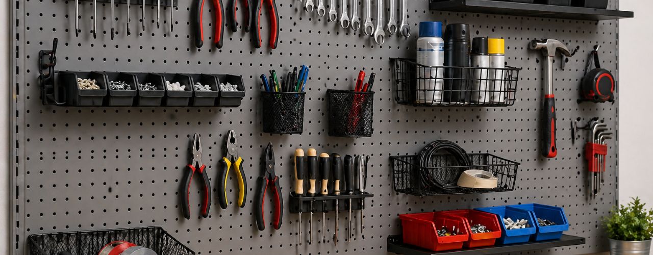 Pegboard accessories used to organise tools and products in a flexible wall layout