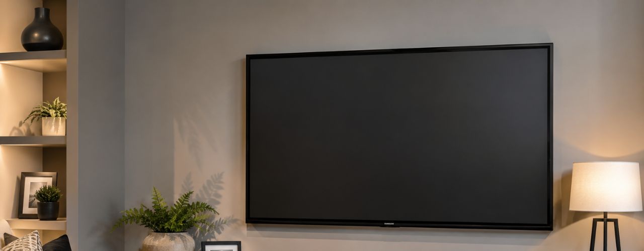 Replica television mounted in a professionally staged living room display within a showroom setting